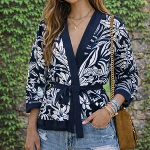 NWT SKOVHUUS Navy and White Patterned Open Kimono-Style Cardigan, L